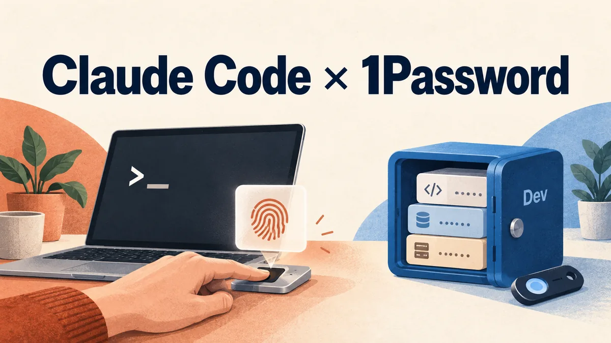 Claude Code × 1Password ── 指紋認証をするノートPCと、Devと書かれた金庫にAPIキーが収められているイラスト